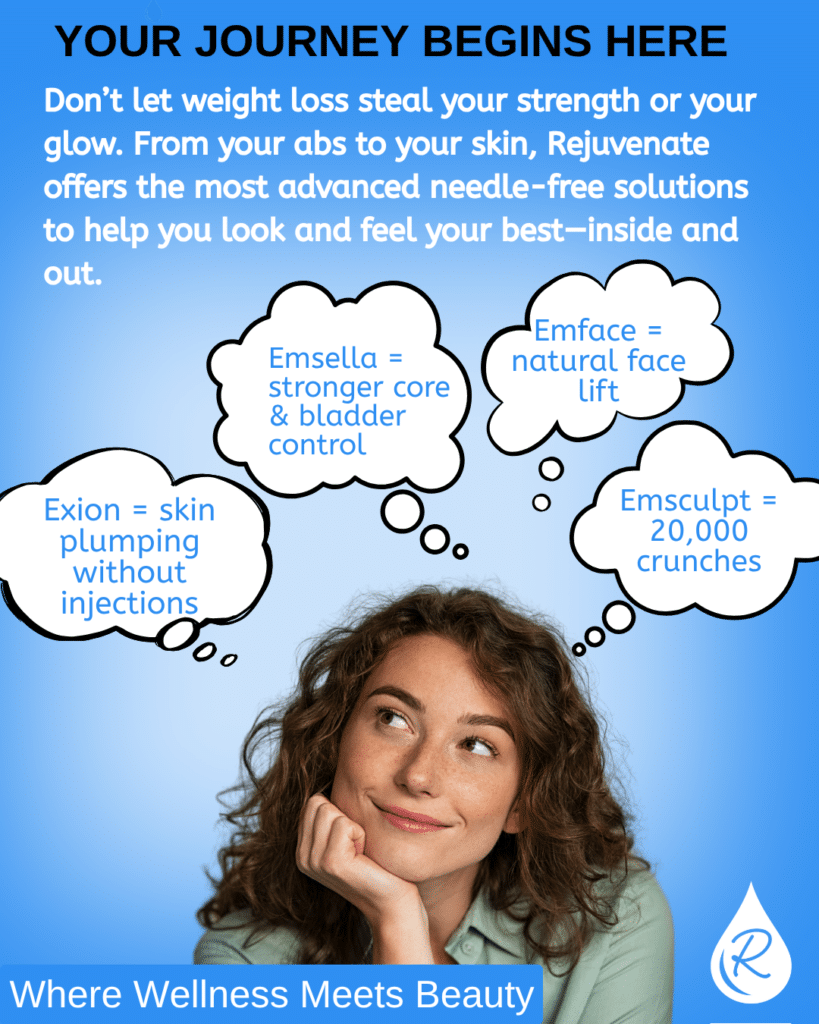 Woman considering non-invasive treatments for muscle tone, pelvic health, facial volume, and skin rejuvenation