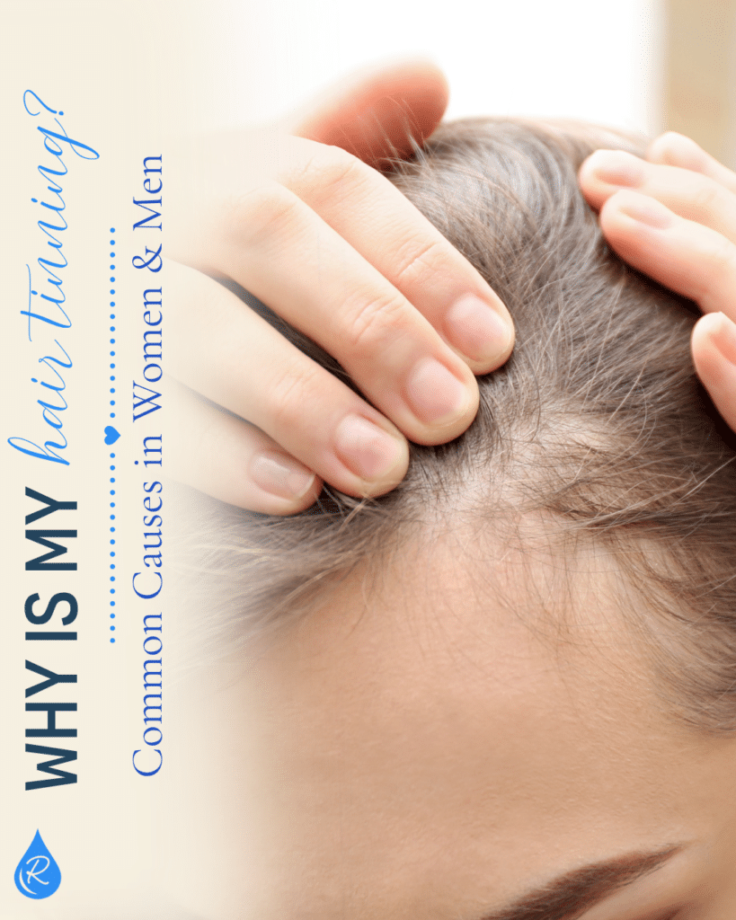Hair thinning in women and men showing visible scalp and common causes of hair loss